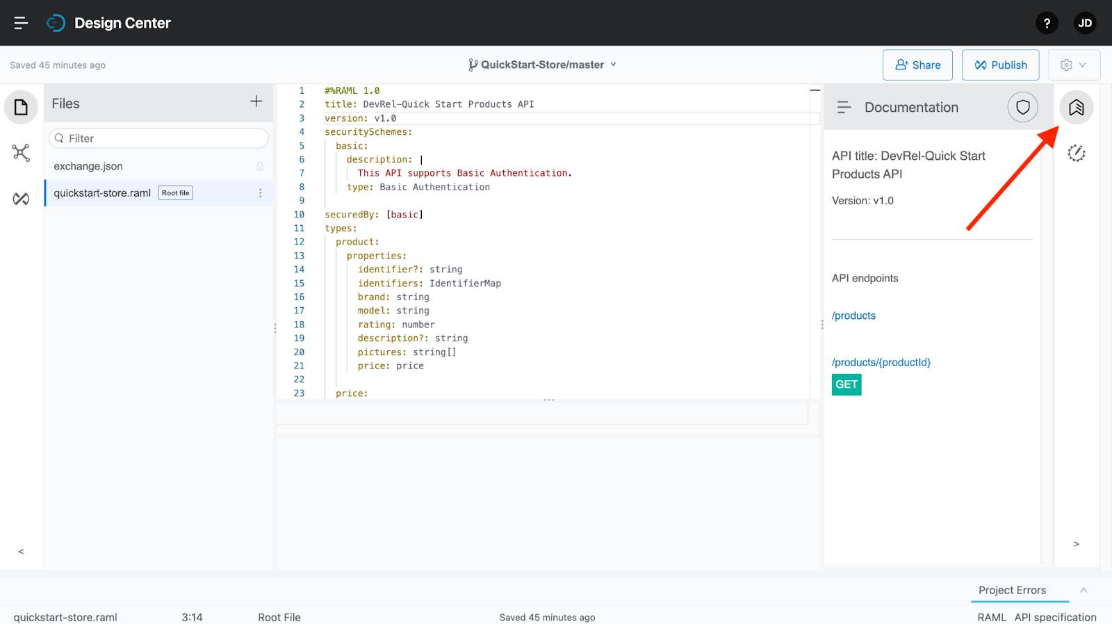 Arrow pointing to the Documentation icon on API designer screen.