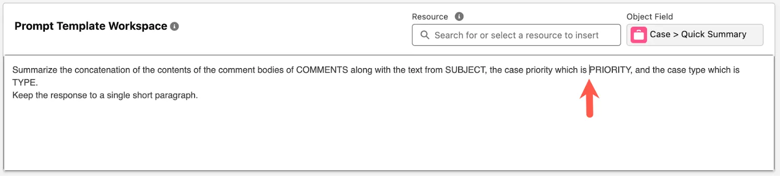 Espacio de trabajo de la plantilla de solicitud con el texto de solicitud completado de forma previa.
