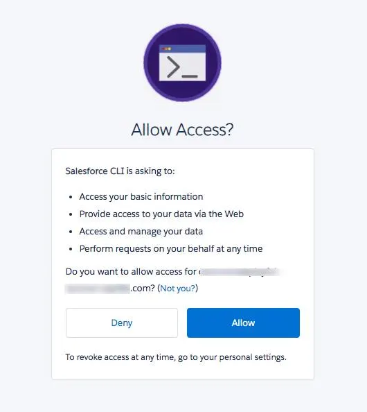 Page d’autorisation pour l’application connectée Salesforce CLI