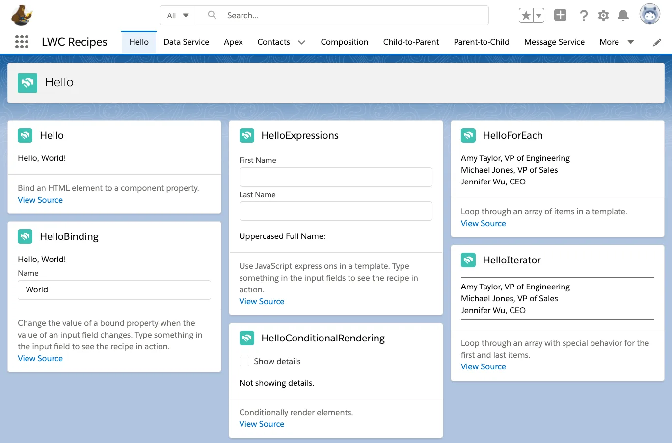 The LWC recipes app UI showing basic lightning web components