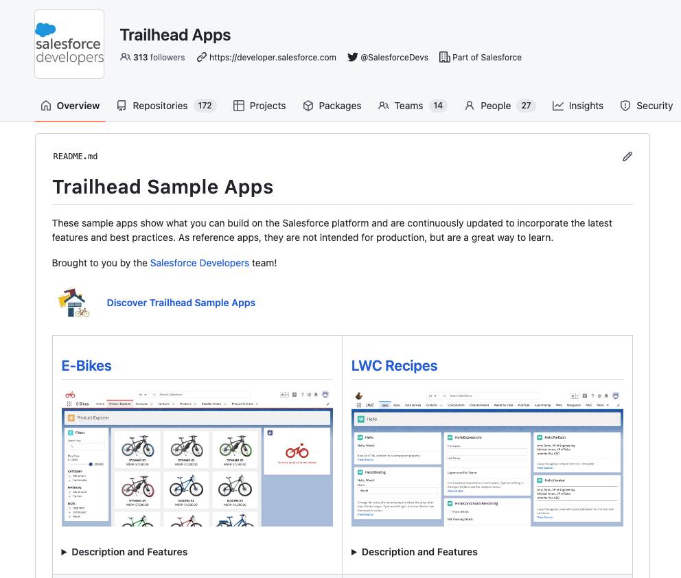 Page de destination des exemples d’applications dans l’organisation GitHub.