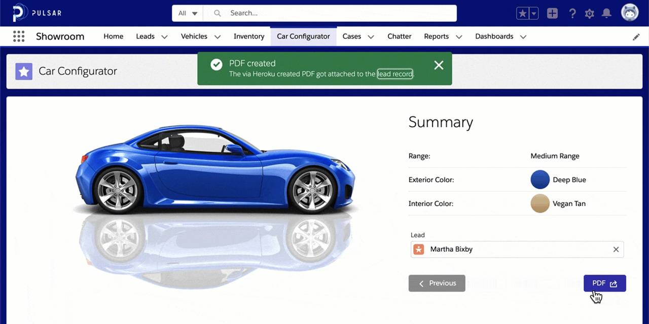 コンフィグレーターアプリケーションに青い車が表示された Ecars アプリケーションのユーザーインターフェース