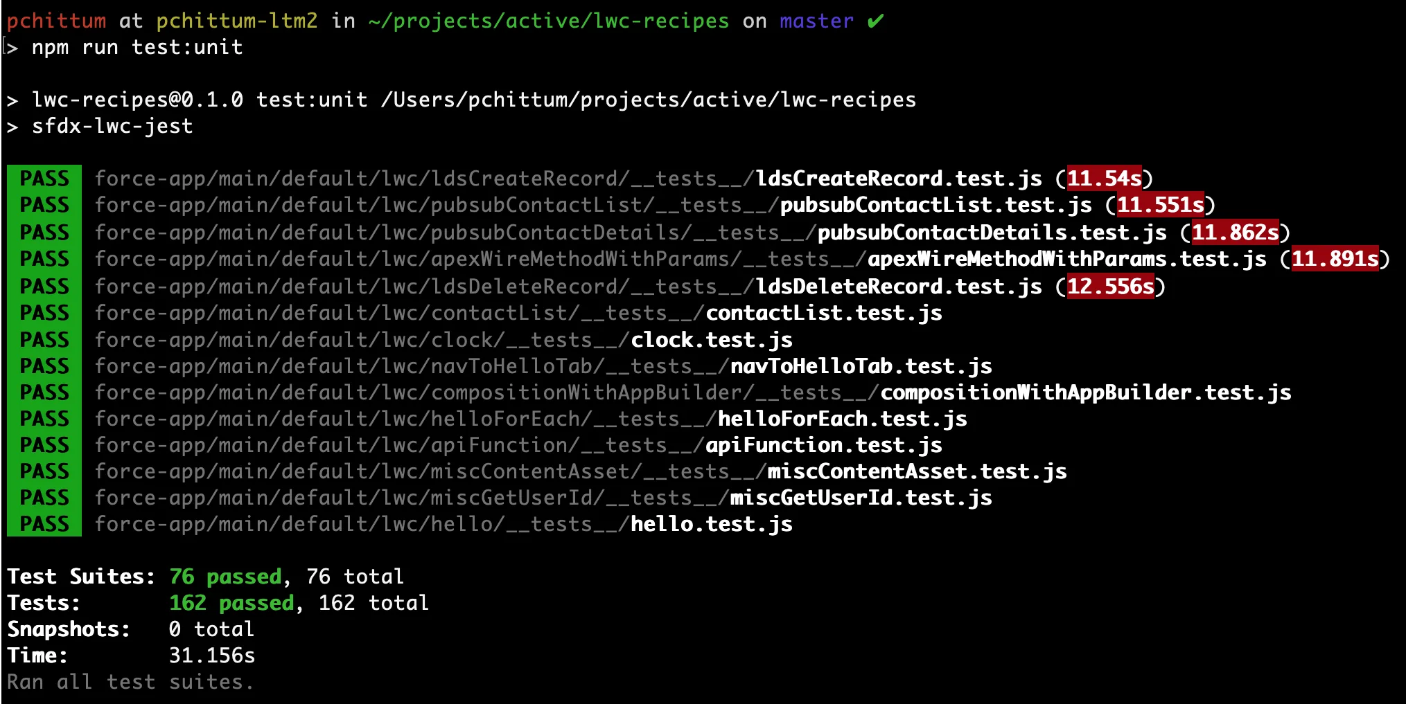 Running unit tests with npm run test:unit.