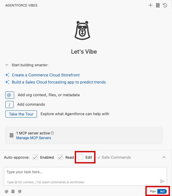 [Act (アクション)] と [Edit (編集)] が強調表示されている [Agentforce Vibes] タスク入力パネルのスクリーンショット。