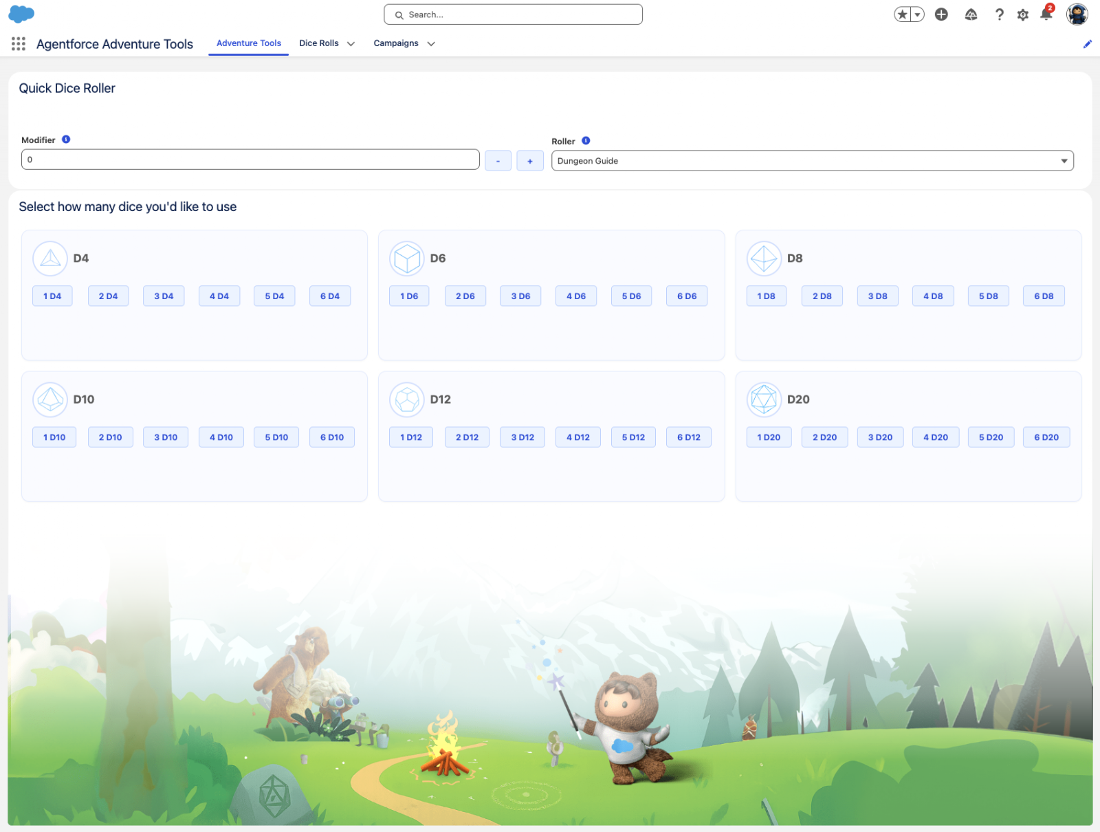 Screenshot of the Agentforce Adventure Tools app in Salesforce.