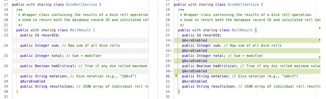 Screenshot of side-by-side screen with Agentforce’s suggestions for the DiceRollService class.