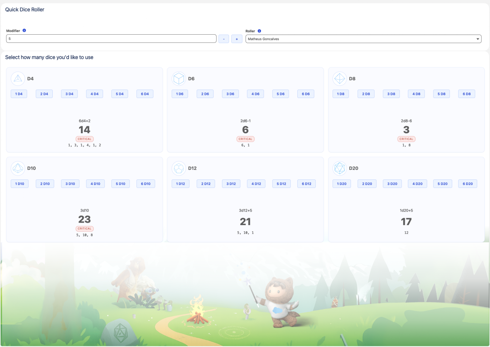 Screenshot of the Agentforce Adventure Tools app in Salesforce showing the Quick Dice Roller after a fix.