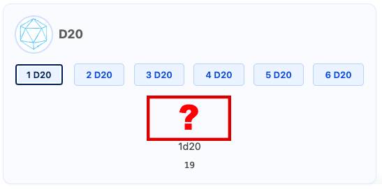 Screenshot of the D20 tile in the Agentforce Adventure Tools dice roller, with missing values for sum of rolls, and totals.