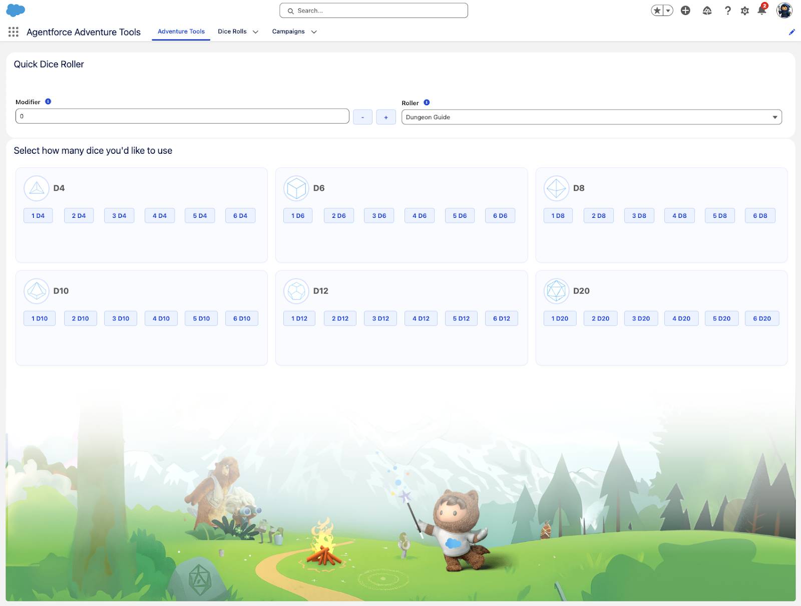Salesforce の Agentforce Adventure Tools (Agentforce アドベンチャーツール) アプリケーションのスクリーンショット。