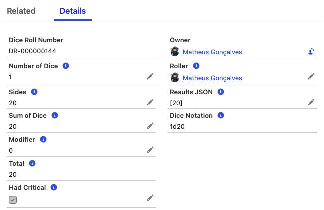 Salesforce の Agentforce Adventure Tools (Agentforce アドベンチャーツール) アプリケーションの [Dice Roll (ダイスロール)] レコード詳細ページのスクリーンショット。