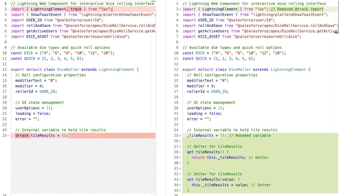 Agentforce の diceRoller.js ファイルへの提案を含む横並びの画面のスクリーンショット。