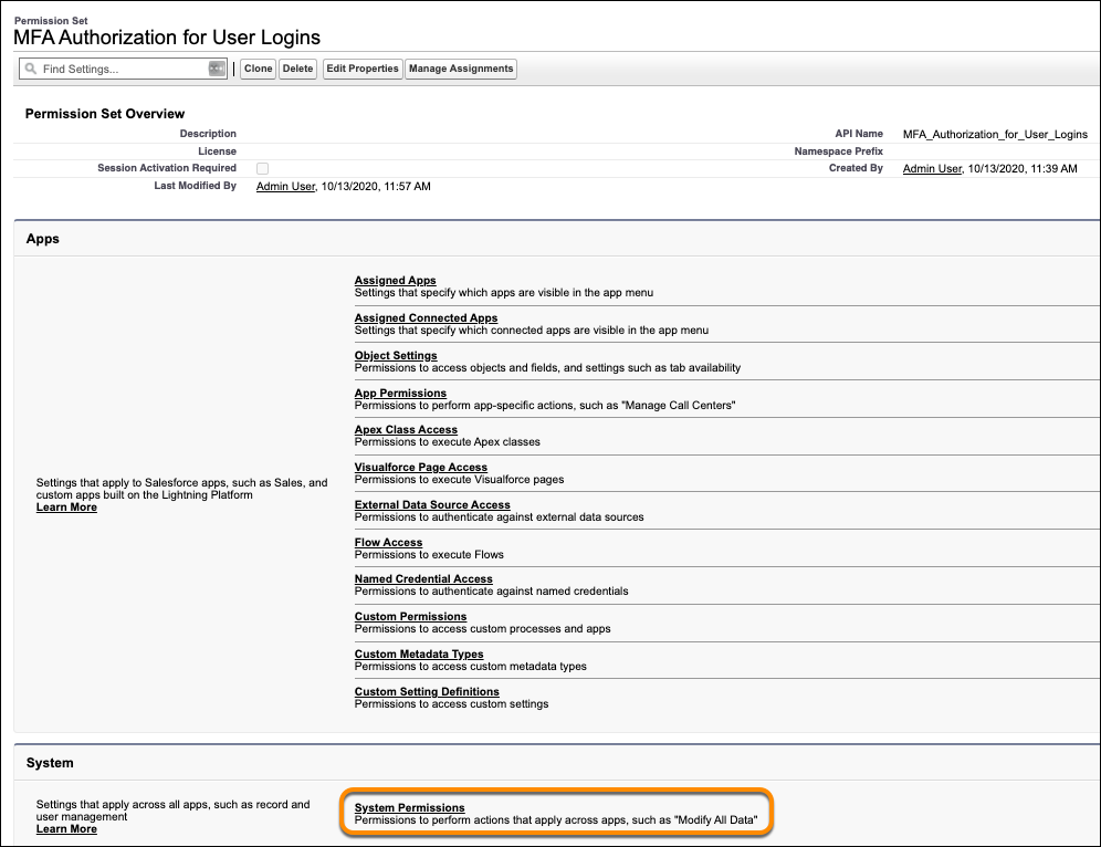 A page showing the details of a permission set.”]Now you’re on the detail page for the MFA Authorization for User Logins permission set.