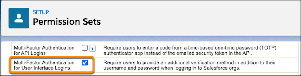 The System Permission page, showing the Multi-Factor Authentication for User Interface Logins user permission.