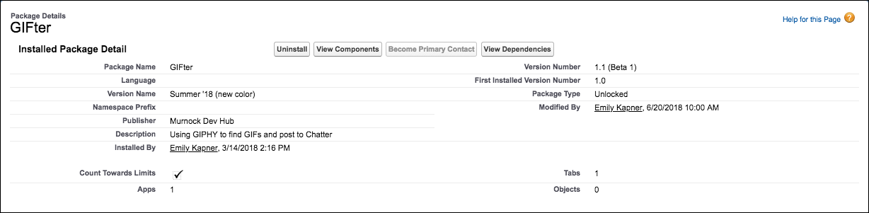 The Installed Package Details dialog lists information for GIFter, such as version name, version number, and package type. You can view its components or dependencies by clicking the appropriate button.