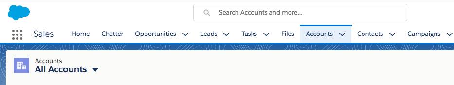 The Accounts tab is in the Sales app. It includes a number of list views including the All Accounts list view.