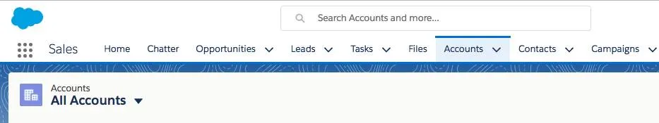 A guia Accounts (Contas) está no aplicativo Sales (Vendas). Ela inclui uma série de modos de exibição de lista, incluindo o modo de exibição de lista de All Accounts (Todas as contas).