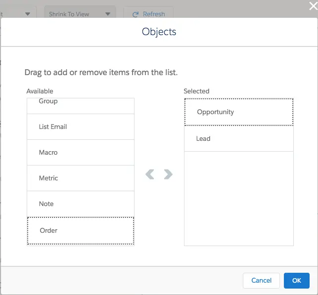 Boîte de dialogue Objects (Objets) utilisée pour faire glisser des éléments en dehors de la liste Selected (Sélectionné)