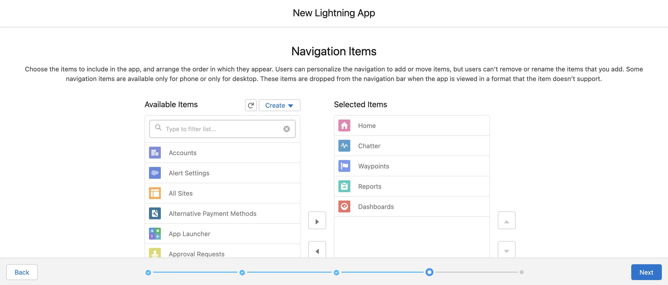 Screenshot of Home, Chatter, Waypoints, Reports, and Dashboards added to Selected Items.