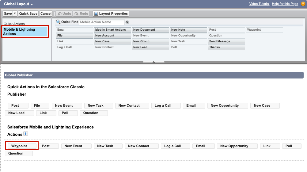 The Global Publisher screen, showing Waypoint first on the left in the Salesforce Mobile and Lightning Experience Actions section.