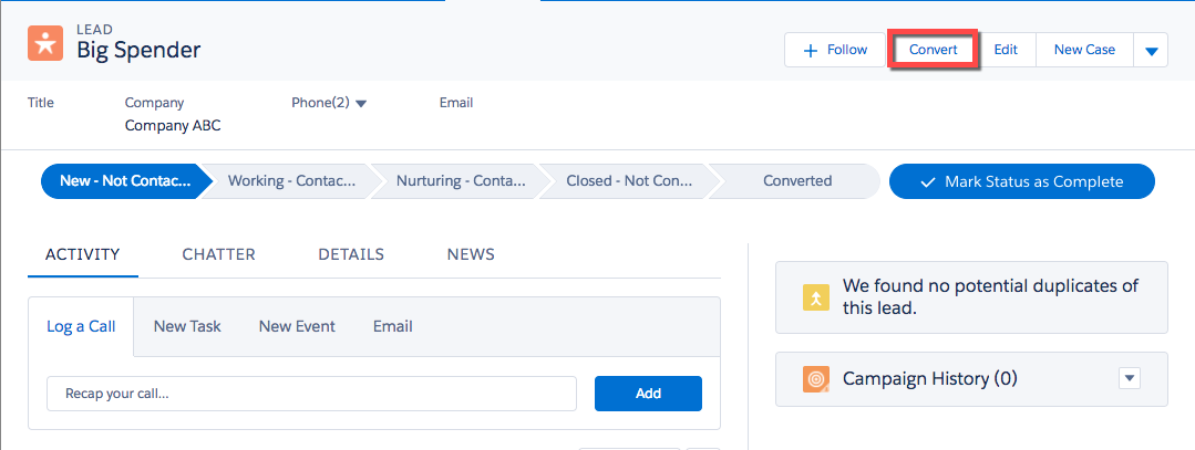 Convert Lead dialog, highlighting the value 10,000 units for the Opportunity Name