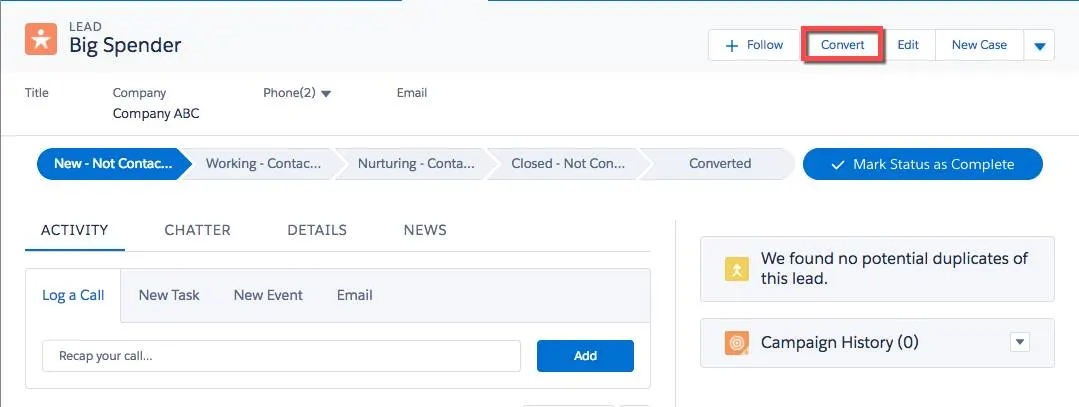 Convert Lead dialog, highlighting the value 10,000 units for the Opportunity Name