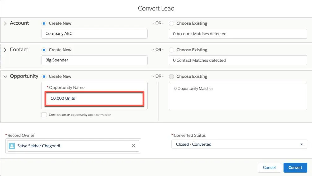 [Convert (取引の開始)] ボタンが強調表示された [Lead (リード)] ページのスクリーンショット