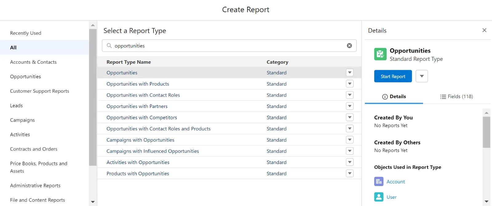 Screenshot of the search box used to select a Report Type