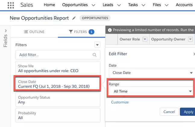 Screenshot of the Filters Section in Report Builder, which is used to specify a date range