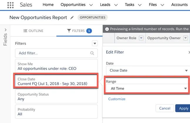 Capture d’écran de la section Filters (Filtres) du générateur de rapport, qui est utilisée pour générer un intervalle de dates