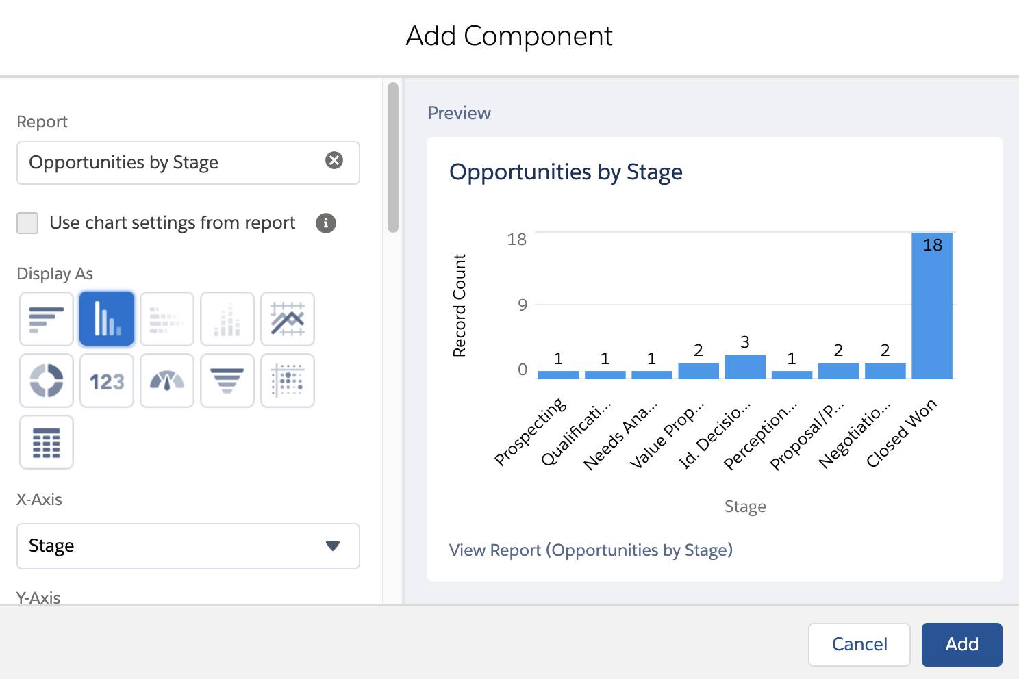  The dashboard editor contains component types under the Display As section. For this project choose the vertical bar chart component. The report field should contain the report you created in this project, titled Opportunities by Stage. Click the Add button to add the component.
