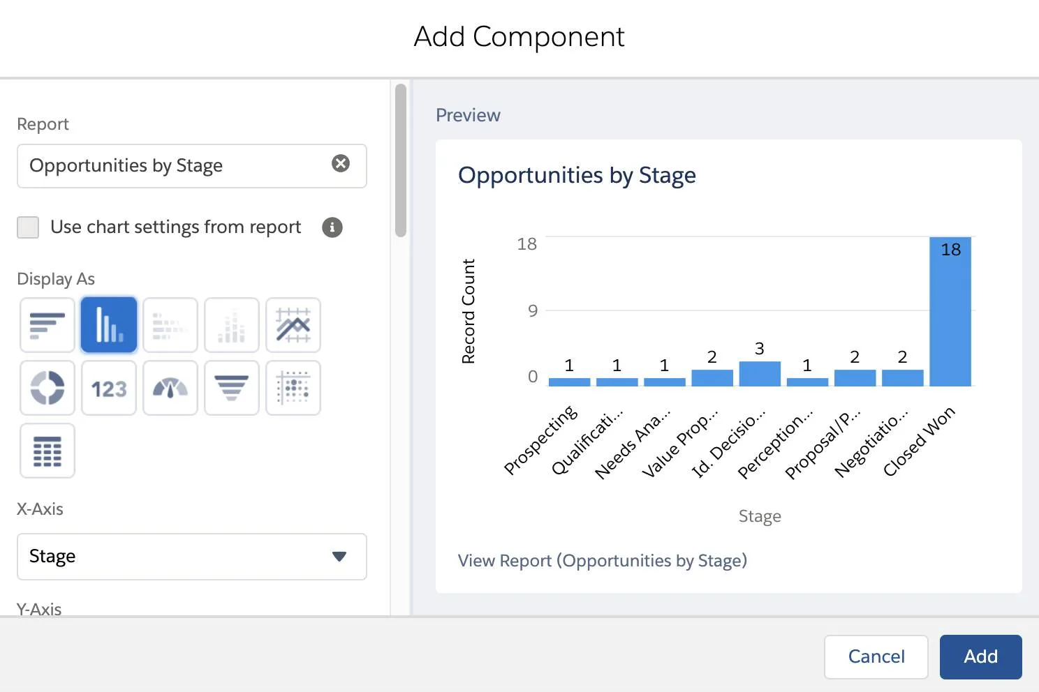 Der Dashboard-Editor enthält Komponententypen im Abschnitt 'Display As' (Anzeigen als). Für dieses Projekt wählen Sie die Komponente 'Vertical Bar Chart' (Vertikales Balkendiagramm). Das Feld 'Report' (Bericht) sollte den bei diesem Projekt erstellten Bericht mit dem Titel 'Opportunities by Stage' enthalten. Klicken Sie auf 'Add' (Hinzufügen), um die Komponente hinzuzufügen.