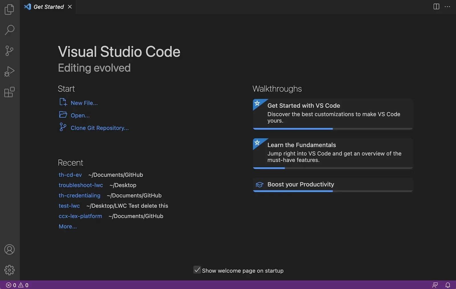 Die Begrüßungsseite von Visual Studio Code.