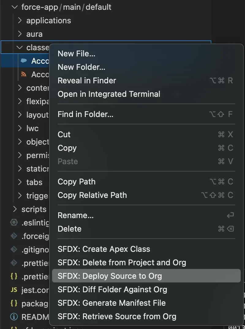 With the classes folder right clicked, SFDX: Deploy Source to Org is selected in the options list.