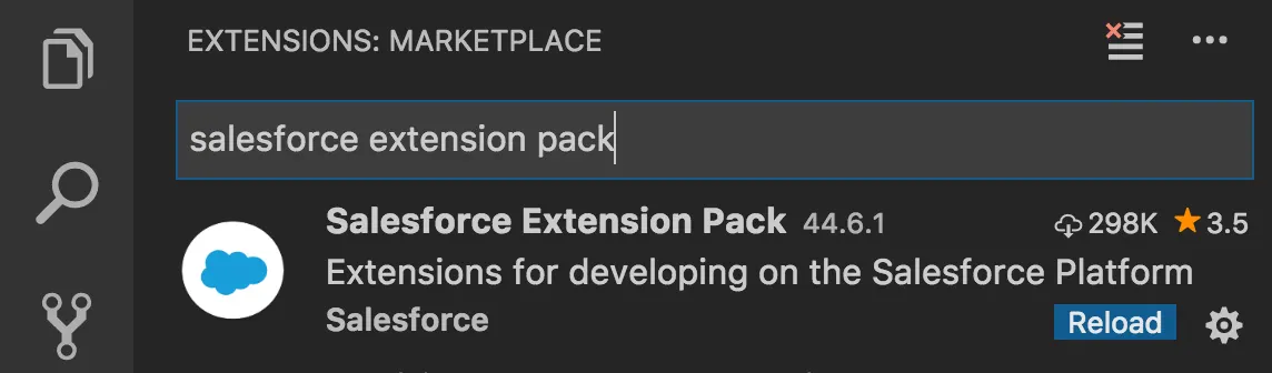 Resultado da pesquisa do Visual Studio Code para o Pacote de extensões do Salesforce.