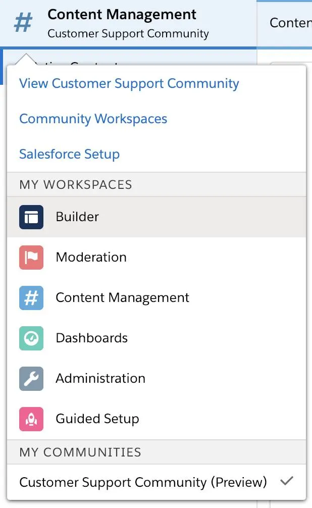 Community selector menu with Builder option highlighted