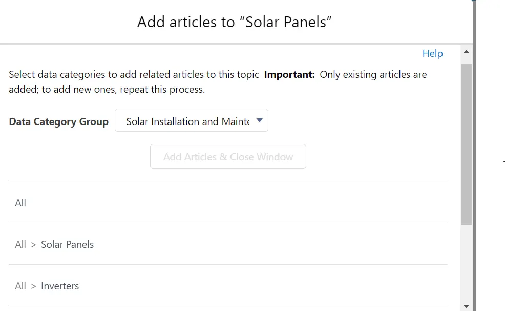 [All (すべて) > Solar Panels (ソーラーパネル)] が強調表示されている [Add articles to Solar Panels 「ソーラーパネル」に記事を追加] 画面