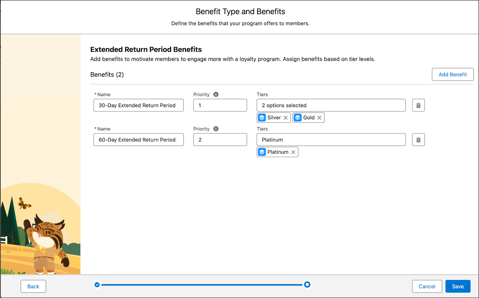 The Benefit Type and Benefits window where you enter details of the benefits.