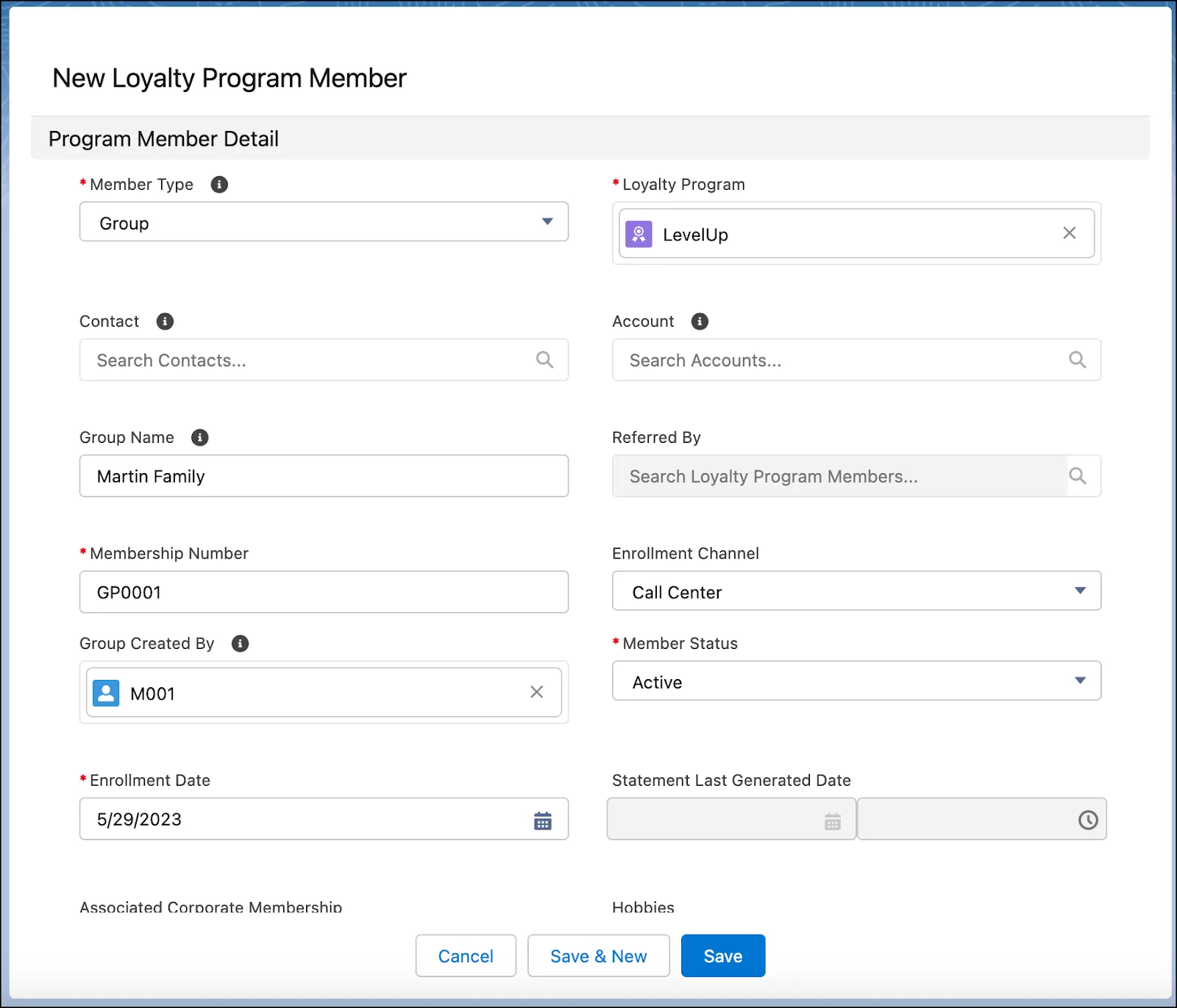 The New Loyalty Program Member window where you create a member group.