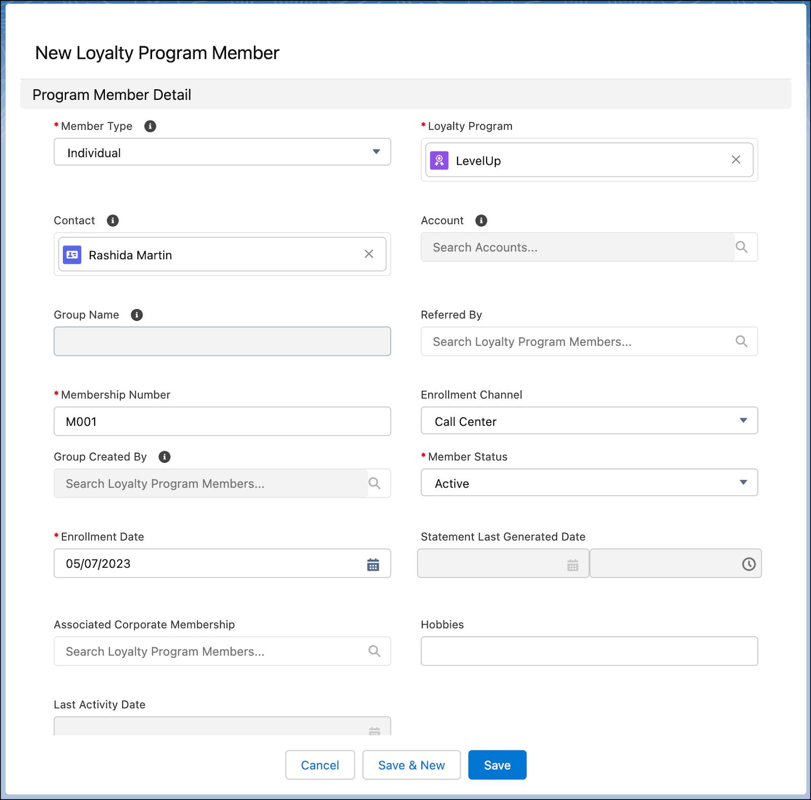 The New Loyalty Program Member window where you add members to a loyalty program.
