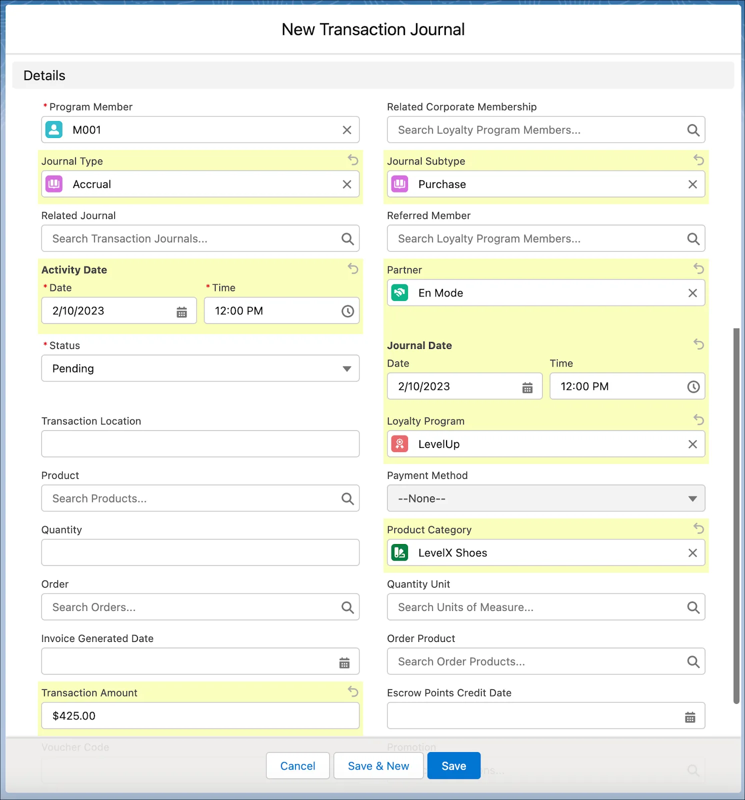 The New Transaction Journal window where you manually create a transaction journal.