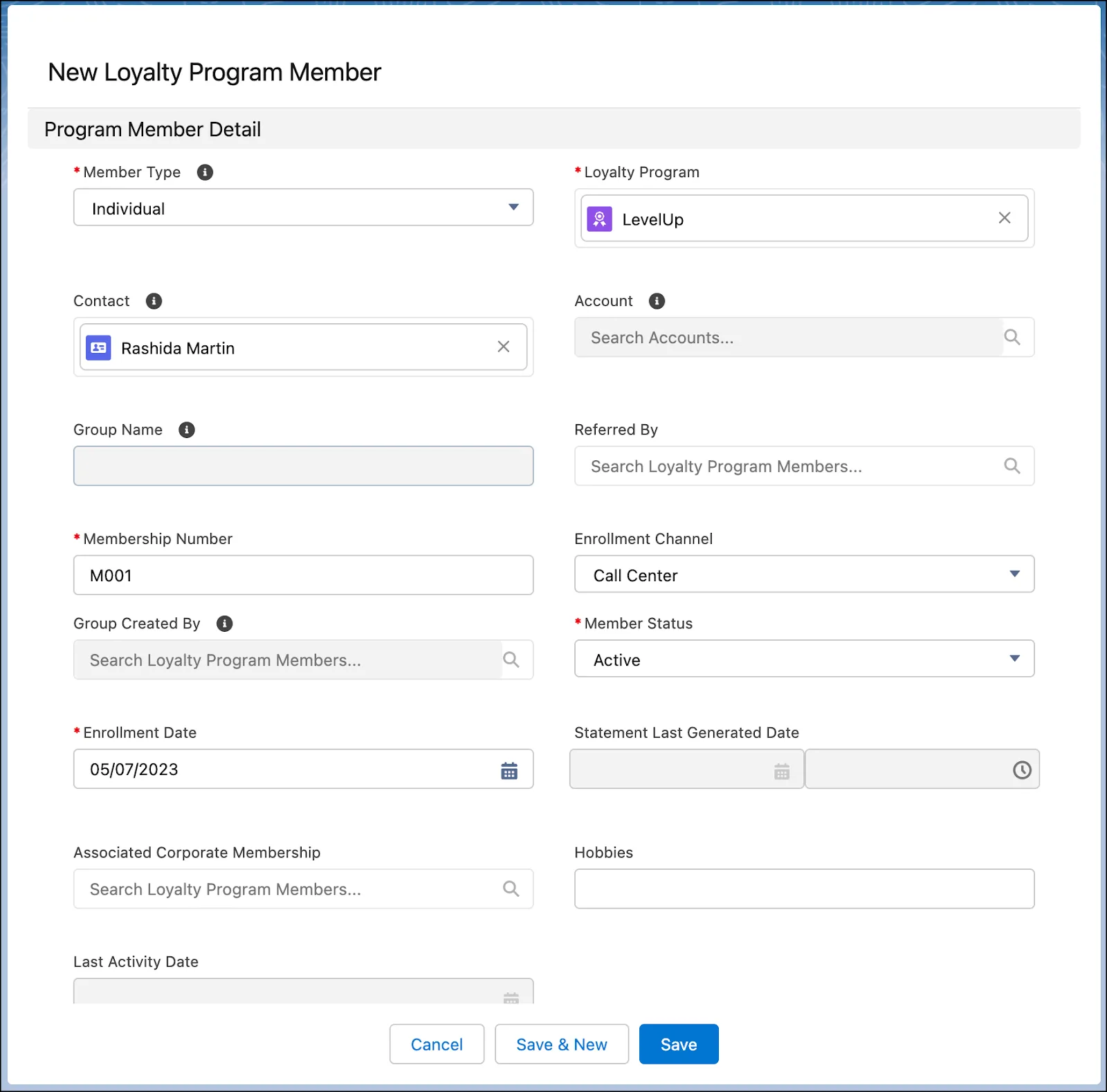 The New Loyalty Program Member window where you add members to a loyalty program.