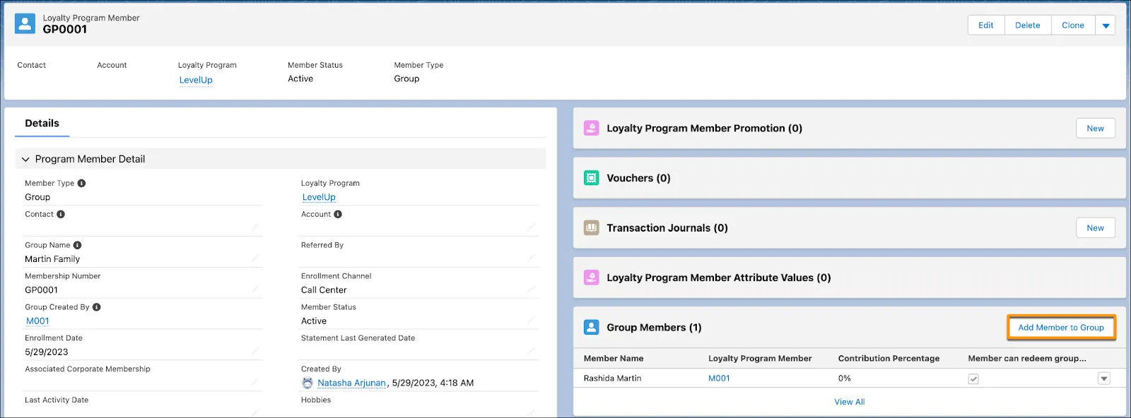 The Loyalty Program Member record page where you add details related to the member group.
