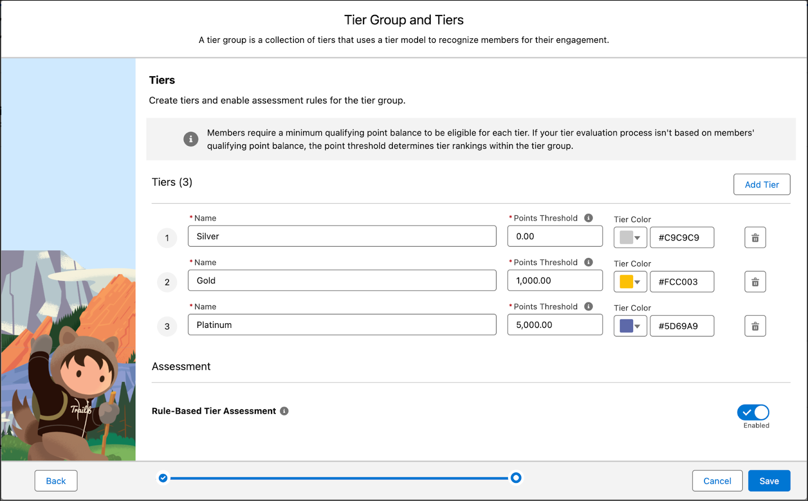Guided Setup window where Tiers are created for Inner Circle Tier Group.