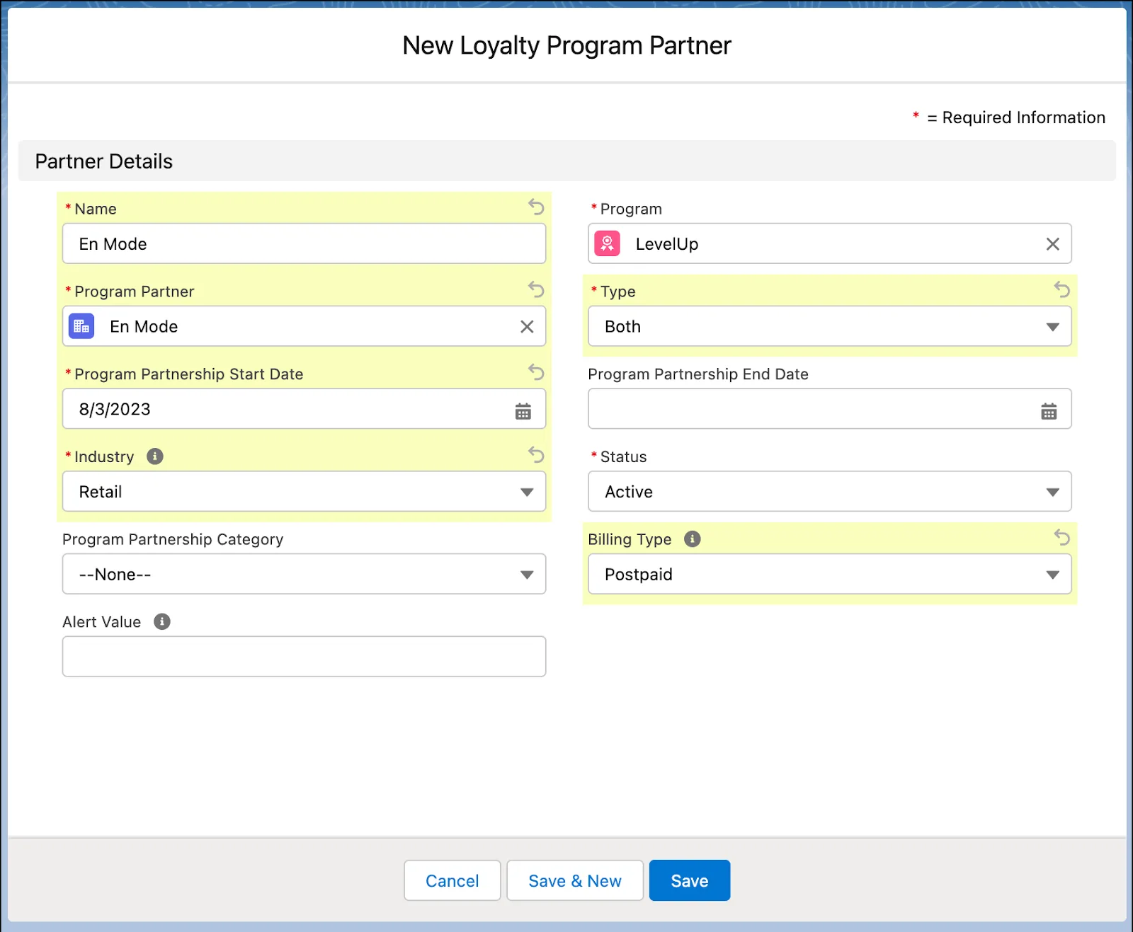 The New Loyalty Program Partner window where you add a partner to the program.