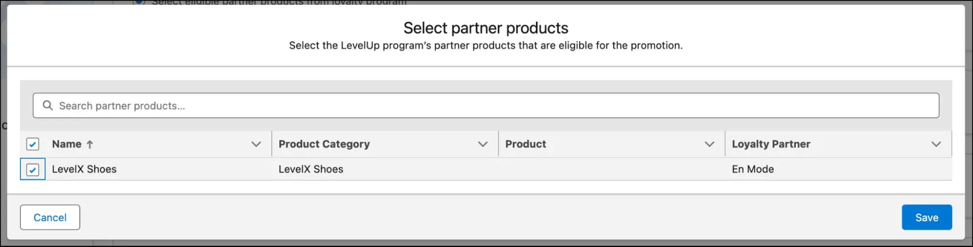 The Add partner products window where you add the products related to the promotion.