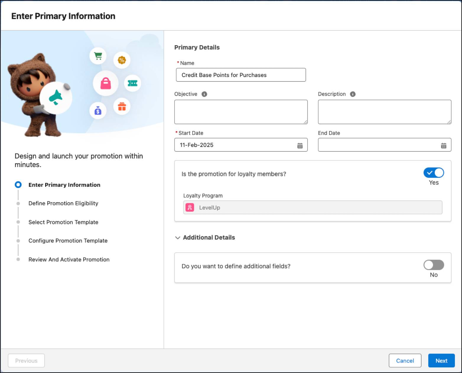 The first step in the Quick Promotion setup flow where you enter the primary information.