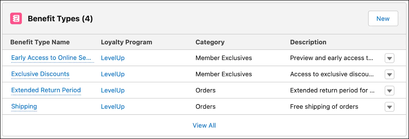 The Benefit Types related list for the LevelUp program with details of each benefit type.