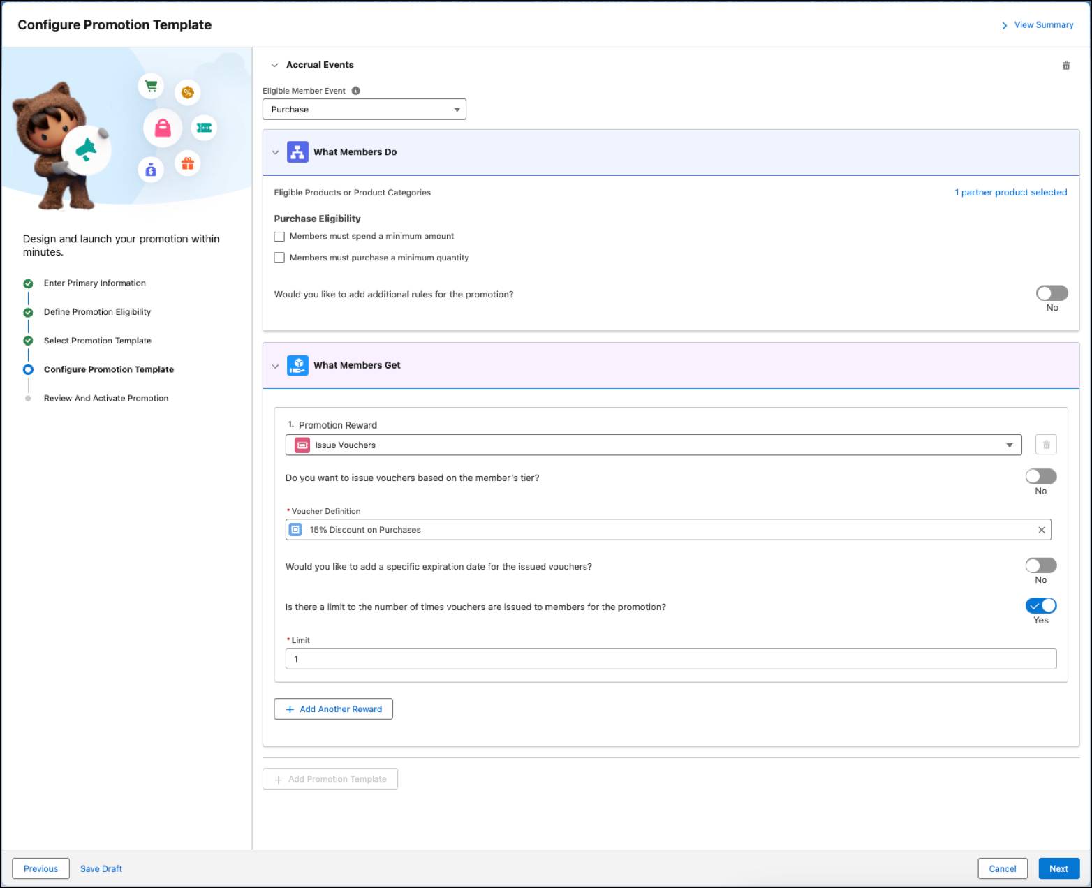 The fourth step in the Quick Promotion setup flow where you configure the Issue Voucher promotion reward.