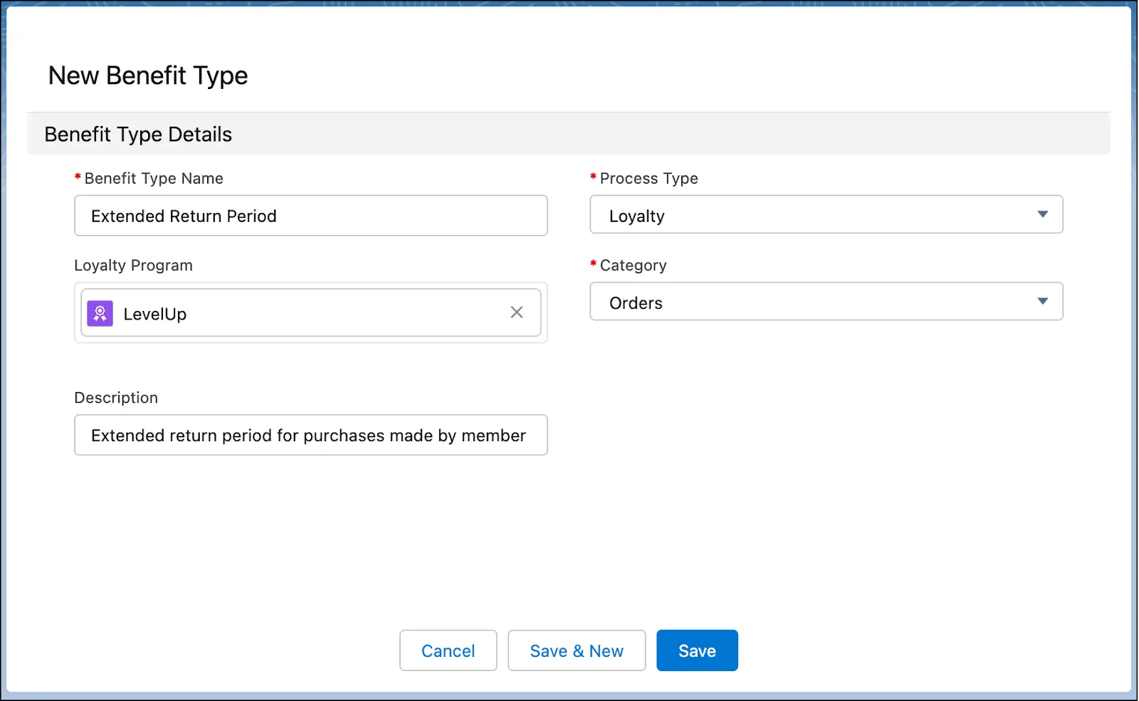 The New Benefit Type window with details of benefit type Extended Return Period.