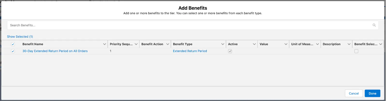 The Add Benefits window where you can select the benefits for a tier.